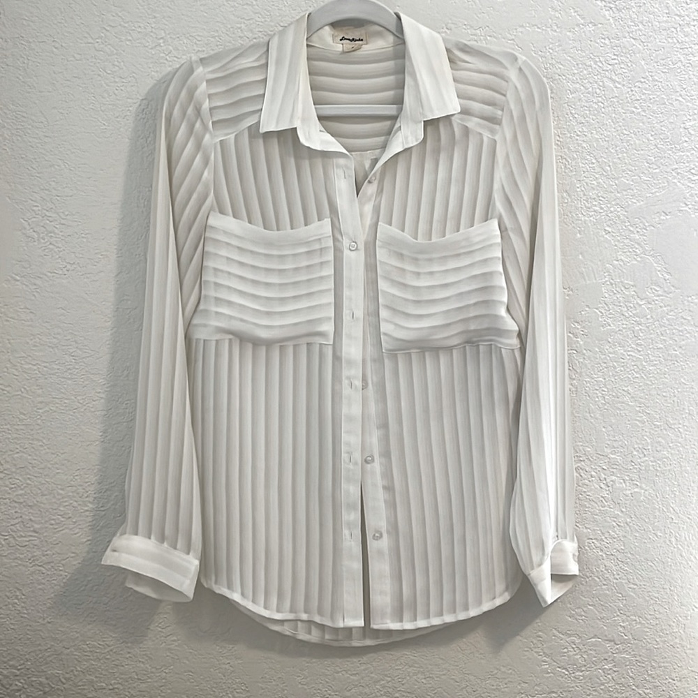 Button up, white. Blouse. Formal. Business casual.